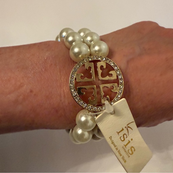 NEW ISIS CREATIVE BRACELET WHITE FAUX PEARL DOUBLE STRAND GOLD T RHINESTONE - Picture 1 of 7